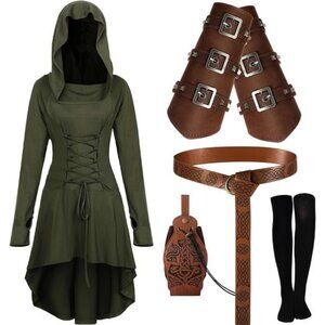5 PCS Halloween Renaissance Costume for Women - Medieval Hooded Robe